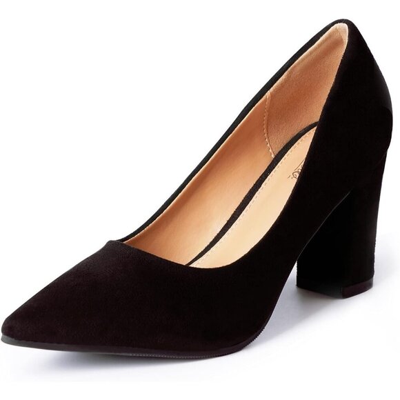 Shoes - Women's Black Suede High Chunky Block Slip On Closed Pointed Toe Pumps Heels